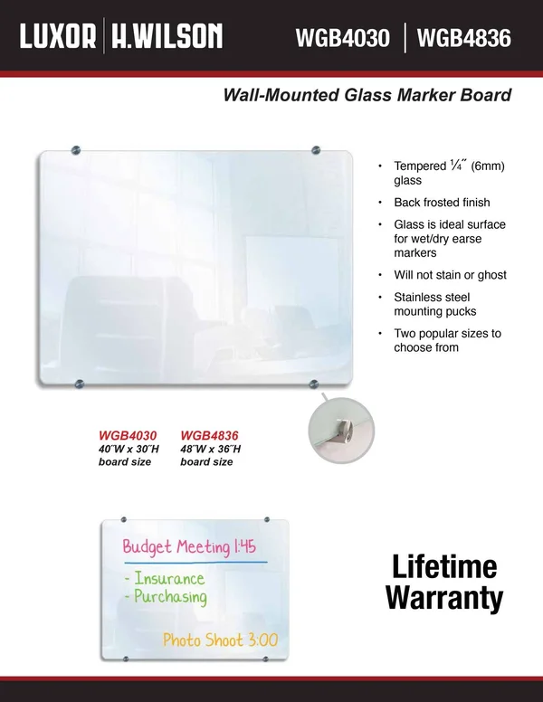 Luxor wgb4030 Wall-Mounted Glass board - 40x22w x 30x22H