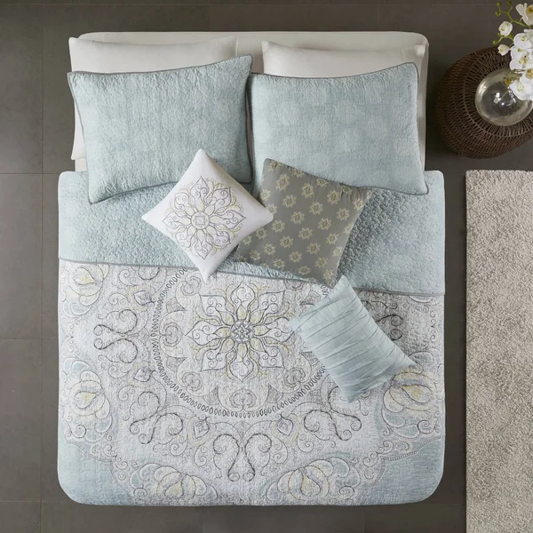 Madison Park Lucinda 6 Piece Reversible Cotton Sateen Coverlet Set Blue King/Cal King