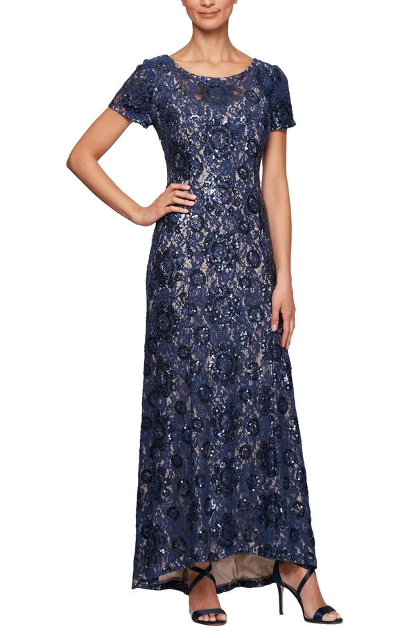 Alex Evenings Womens Petites Sequined Rosette Evening Dress Blue 16p