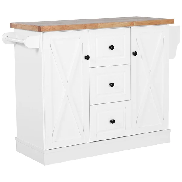 HOMCOM Wooden Mobile Kitchen Island Cart with Drawers and Wheels - White