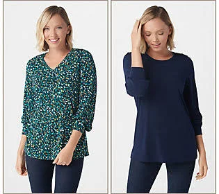 Susan Graver Set of 2 Print and Solid Liquid Knit Tops, Size Medium, Teal/Navy