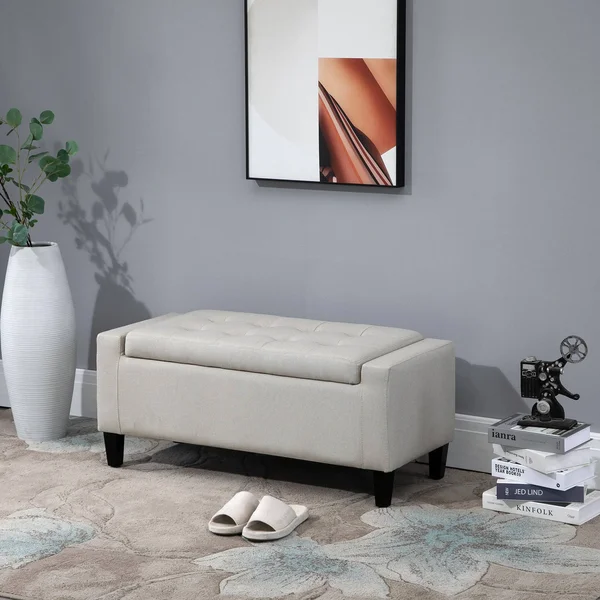 HOMCOM Linen Storage Ottoman Bench Storage Chest Tufted Ottoman Cube with Flipping Top - Beige