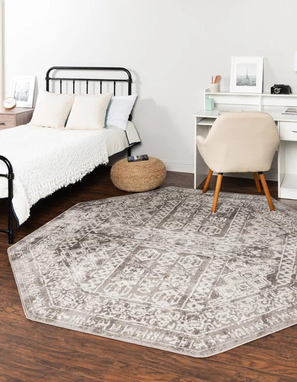 Unique Loom Oxford Intricate Design Rug 7' x 7' Octagon Gray/Ivory