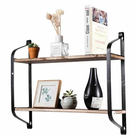 2Tier Rustic Wall Mounted Floating Shelves Industrial Wood Multi-Purpose Storage - Size: 23.5