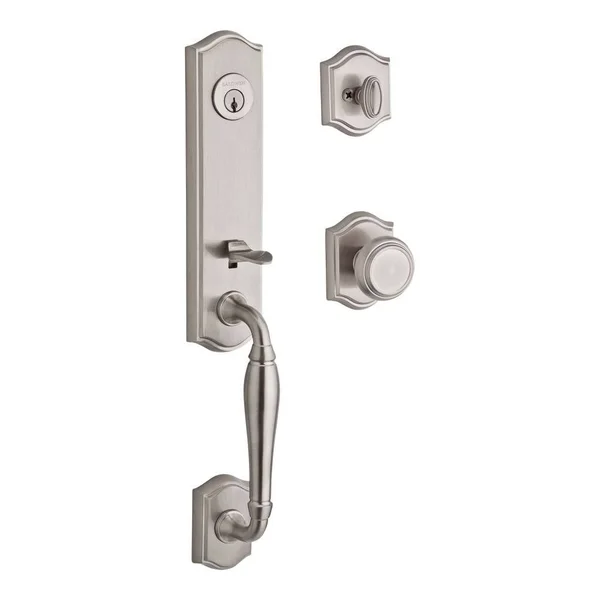 Baldwin 9BR1800-617 New Hampshire Single Cylinder Handleset with Traditional Door Knob and Traditional Arch Rose Color: Satin Ni
