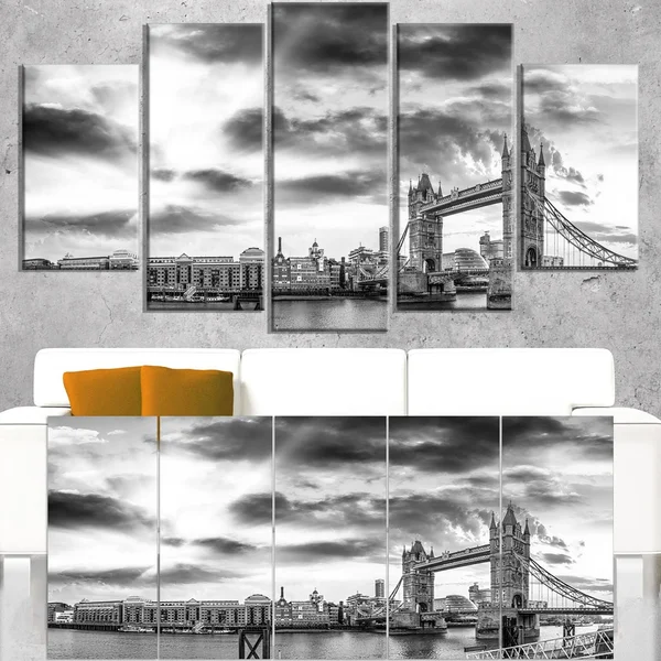Design Art Black and White View of London Panorama - Cityscape Canvas Print - 60 in. Wide x 28 in. High - 5 Equal Panels