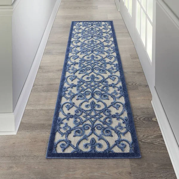 2 x 10 Gray and Blue Indoor Outdoor Runner Rug