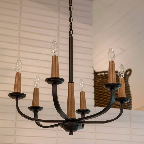Decor Therapy Rotterdam 6-Light Black Metal and Wood Effect Pendant - 23.82 x 23.82 x 21.57 in