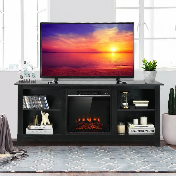 Gymax 58&& 2-Tier Fireplace TV Stand W/18&& 1400W Electric Fireplace 65&& Black