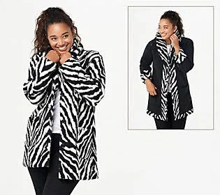 Susan Graver Weekend Reversible Sherpa & Polarfleece Coat, Size 1X, Zebra/Black