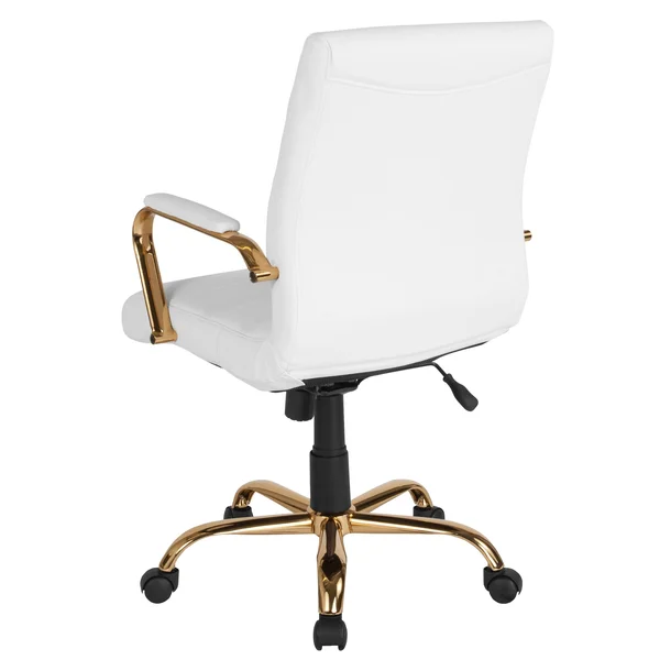 Flash Furniture Mid-Back Leather Executive Swivel Chair with Gold Frame and Arms - White