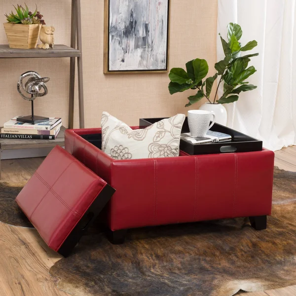 Justin Red Leather Tray Top Storage Ottoman