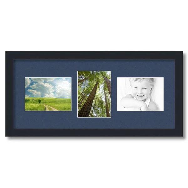 Collage Picture Frame - Satin Black Frame with 3 openings for 5x7 Photos with Midnight Blue Mat. D3926FK213, ArtToFrames