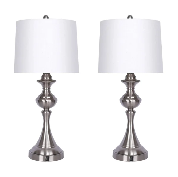 Grandview Gallery Brushed Nickel Table Lamp - Set of 2, 3-Way Switch Lamp with White Linen Shade, USB Charger in Lamp Base