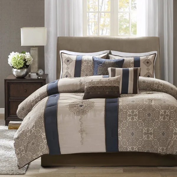 Madison Park - Donovan 7 Piece Jacquard Comforter Set - Navy - Queen