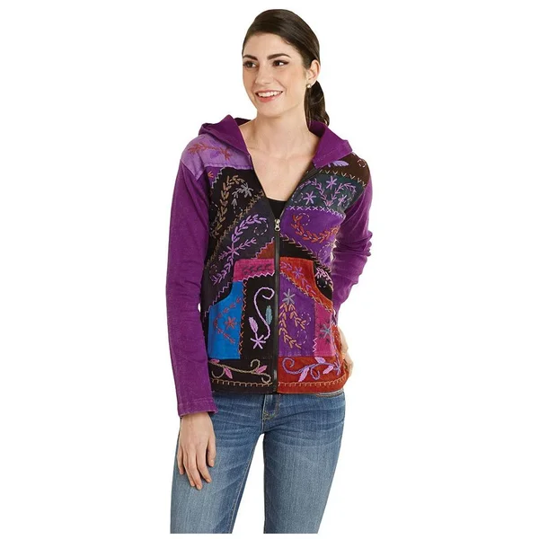 Women's Zip Front Hoodie - Folk Art Hand-Embroidered Sweatshirt