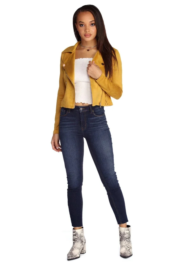 Lattice Faux Suede Moto Jacket in Taupe - Size: Medium, Windsor