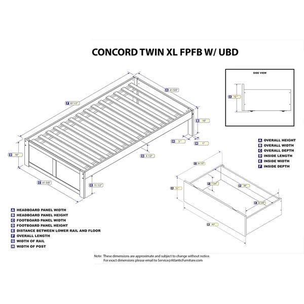 Atlantic Furniture AR8012114 Concord Twin XL Flat Panel Footboard with 2 Urban Bed Drawers Antique Walnut