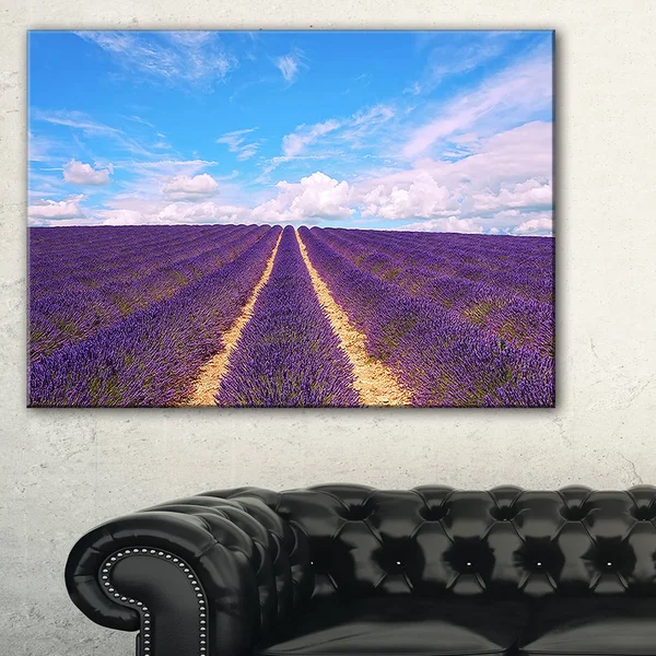 Design Art Blooming Lavender Flower Field - Oversized Landscape Wall Art Print - Blue, 60 in. Wide x 28 in. High