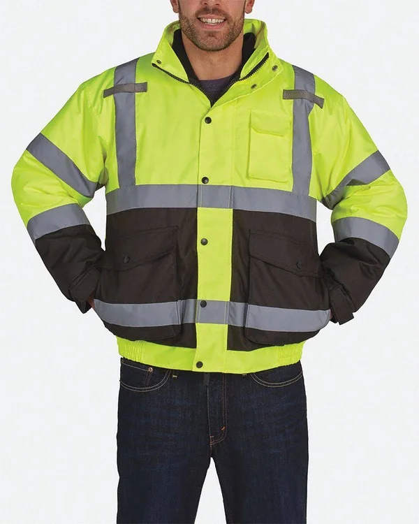 Utility Pro Bomber Jacket with Removable Liner - ANSI Class 3, Polyester, Yellow/Black, Zipper and Snaps Model: UHV563-M-YB |Grai