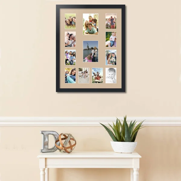 Collage Picture Frame, Satin Black Frame with 12 openings for 5x7 Photos with Pink Scotch Mist Mat. D3926DG611, ArtToFrames