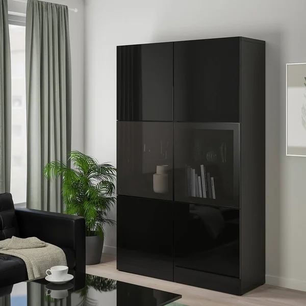 IKEA - BESTÅ Storage Combination w/Glass Doors, Black-brown/Selsviken High Gloss/Black Smoked Glass, 47 1/4x16 1/2x76