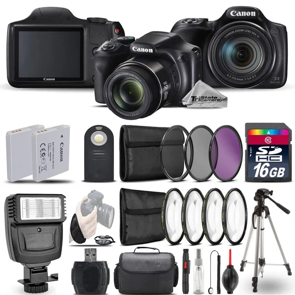 Canon PowerShot Sx540 HS Digital Camera+ Flash + 7pc Filter + EXT Bat - 16GB Kit, Black