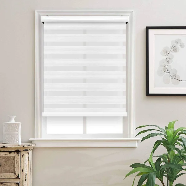 Biltek Cordless Zebra Roller Blinds Sheer Shades/Free-Stop Combi Blinds - Dual Layer, Sheer or Privacy - White, 39x22 W x 72x22 H