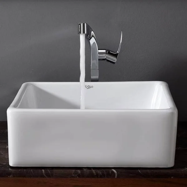 Kraus C-KCV-120-15100CH White Square Ceramic Sink and Typhon Faucet - Chrome