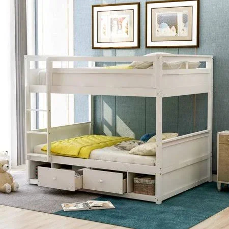 Euroco Full Over Full Bunk Bed Wood Bunk with Storage Drawers, Compartments, Ladder, Guardrails