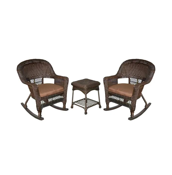 Jeco 3 Piece Rocker Wicker Chair Set with Brown CUSHION - Espresso