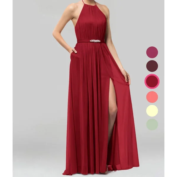 Azazie A-Line/Princess High Neck Floor-Length Mesh Bridesmaid Dresses - Burgundy