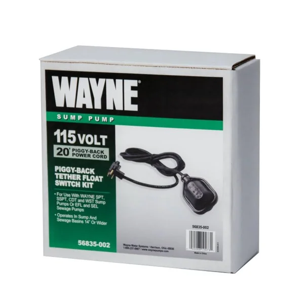 Tethered Switch for Sump Pumps to .5-hp Motor - 20& Cord, Wayne, 56835--002