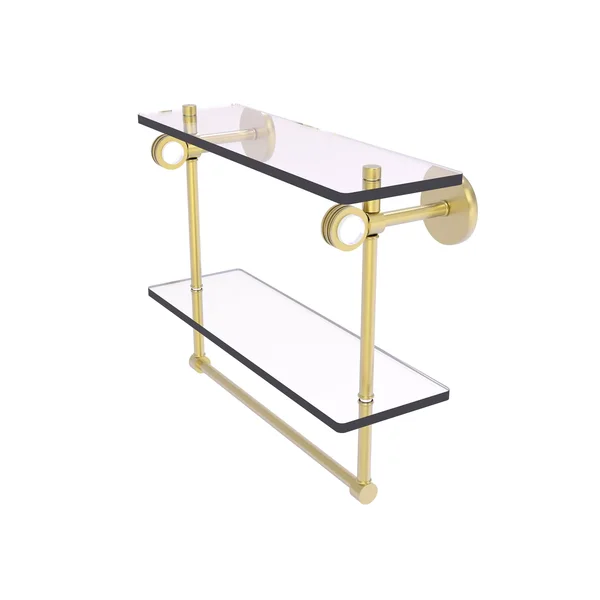 Clearview Collection Double Glass Vanity Shelf with Integrated Towel Bar with Dotted Accents - Satin Brass, 16 inch
