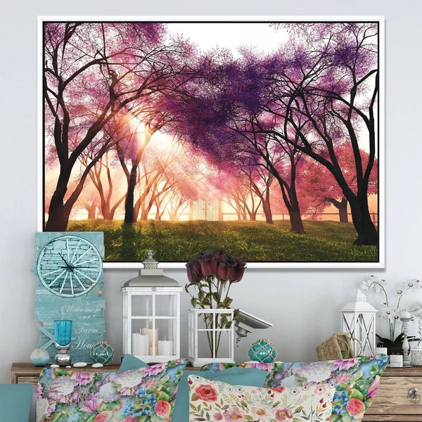 Designart 'Cherry Blossoms Japan Garden' Landscape Framed Canvas Art Print (42 in. Wide x 32 in. High), Black, Design Art