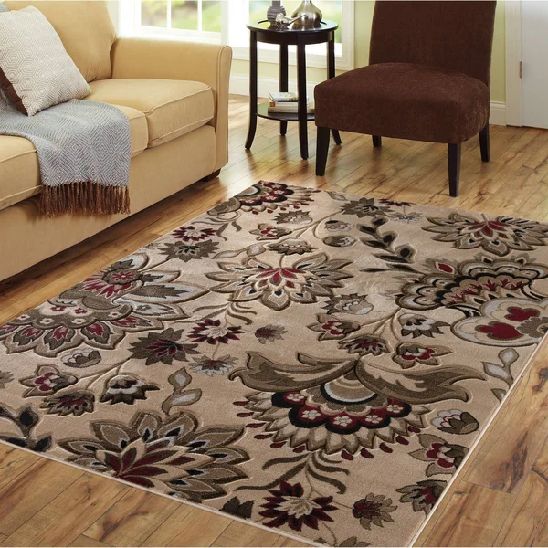 Glamour Collection Floral Area Rug - 5& Round - Cream/Beige