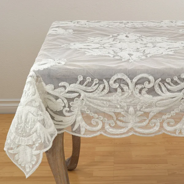 Saro Lifestyle AN02.I72S 72 in. Square Alessandra Beaded Embroidered Design Scalloped Tablecloth Ivory