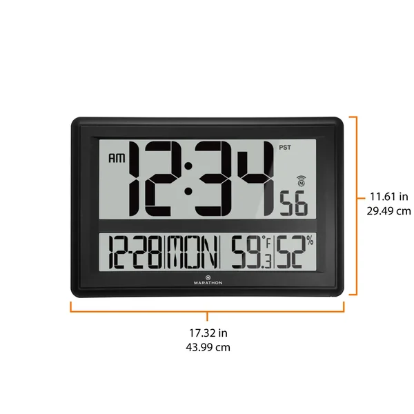 Marathon CL030056SV Jumbo Atomic Wall Clock with Temperature and Humidity - 17 x 11 inches