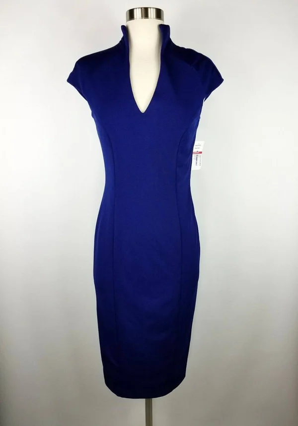 Alexia Admor Katrina V-Neck Midi Dress - Navy, XS, Blue