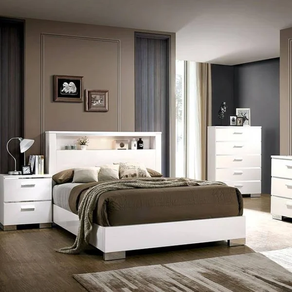 Furniture of America 4pc Queen Size Platform Bed Headboard Shelves Bedroom Furniture Set White Finish