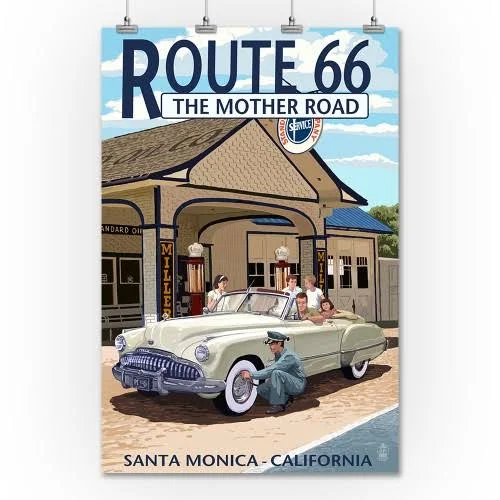 Santa Monica, California - Route 66 - Service Station - Lantern Press Artwork (36x54 Giclee Gallery Print, Wall Decor Travel Pos