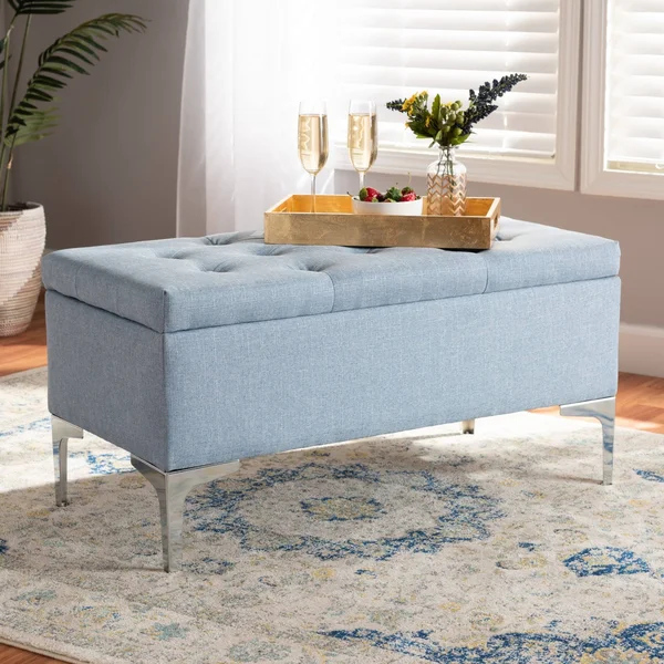 Mabel Modern and Contemporary Fabric and Silver Metal Storage Ottoman - Blue