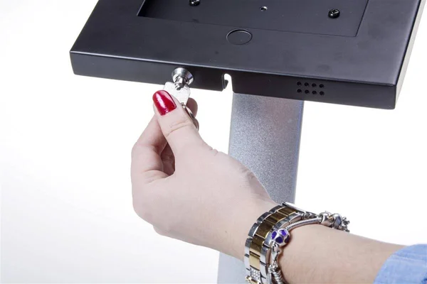 Height Adjustable Tablet Floor Stand - Tilting Enclosure, Holes in Base for Bolting to Floor (Black & Silver) (IPDLMSSVL3)