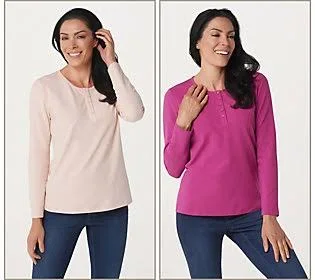 Denim & Co. Set of 2 Long Sleeve Stretch Henleys - Size X-Large, Winterberry