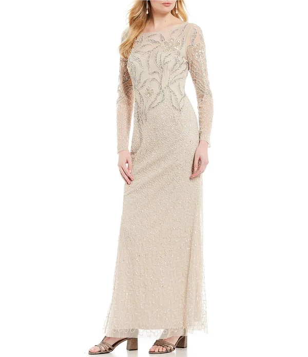 Adrianna Papell Floral Beaded Dress with Sheer Long Sleeves - Biscotti, Size: 20