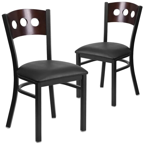 Flash Furniture 2 Pk. Hercules Series Black Decorative 3 Circle Back Metal Restaurant Chair - Walnut Wood BACK - Black Vinyl Seat