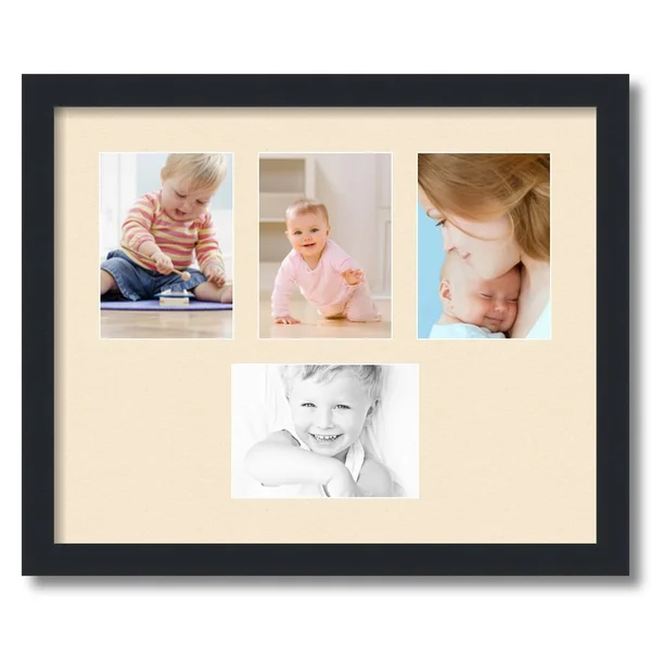 Collage Picture Frame, Satin Black Frame with 4 openings for 5x7 Photos with Pink Alabaster Mat. D3926DE149, ArtToFrames