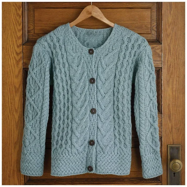 Aran Woollen Mills Women's Button Down Sweater - Aileen Aran Cardigan, Blue
