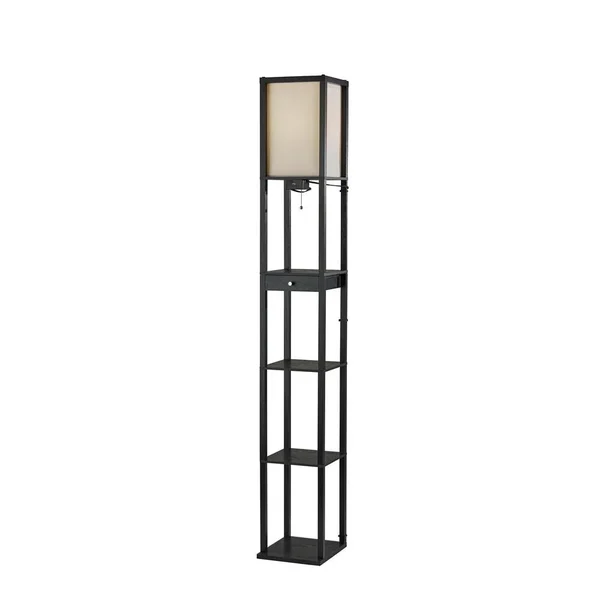 Adesso 72 in. Black Wood Shelf Floor Lamp with 1-Drawer and 3-Shelves