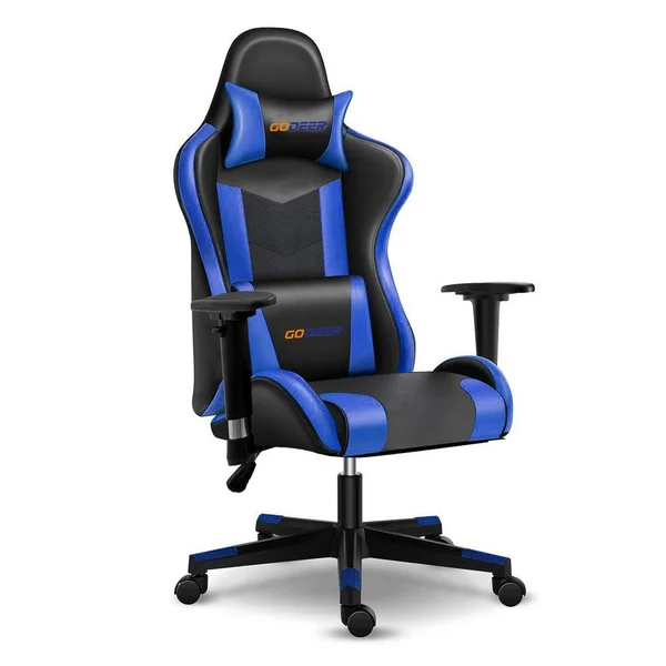 GODEER Blue Faux Leather Swivel Gaming Chair Recliner High Back Computer Chair Office Chair with Adjustable Arms - Blue#-No-Footr
